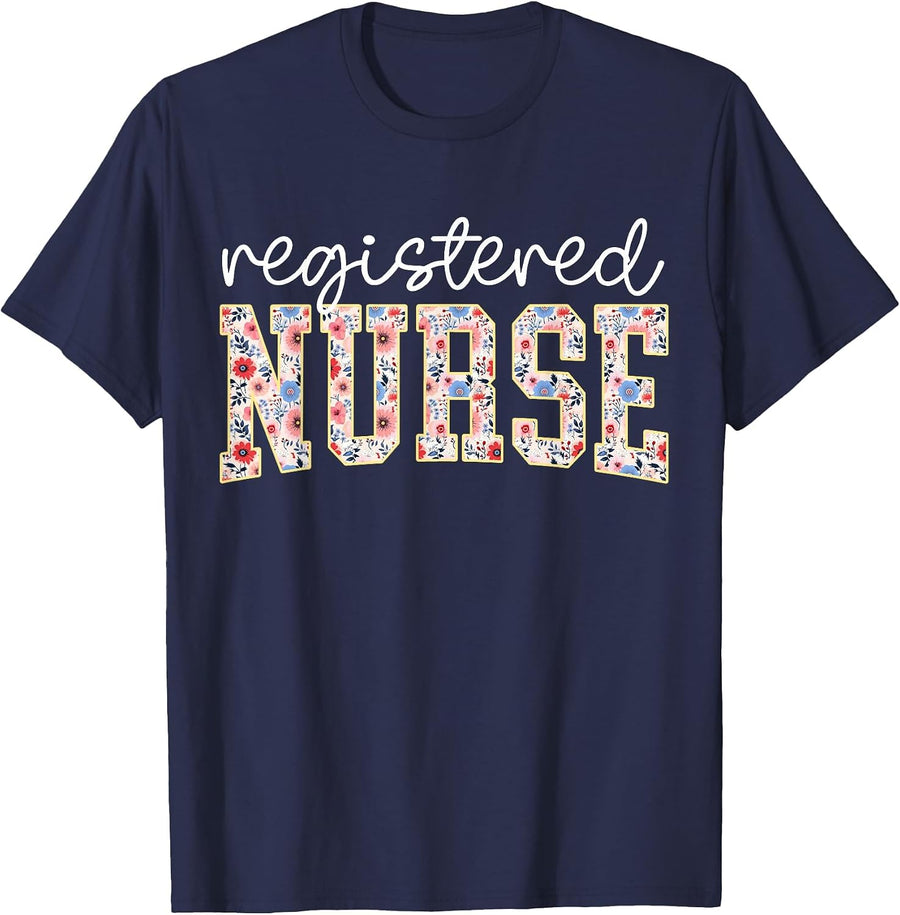 RN Nurse Floral Print Registered Nurse Nursing School Women T-Shirt - Navy Blue
