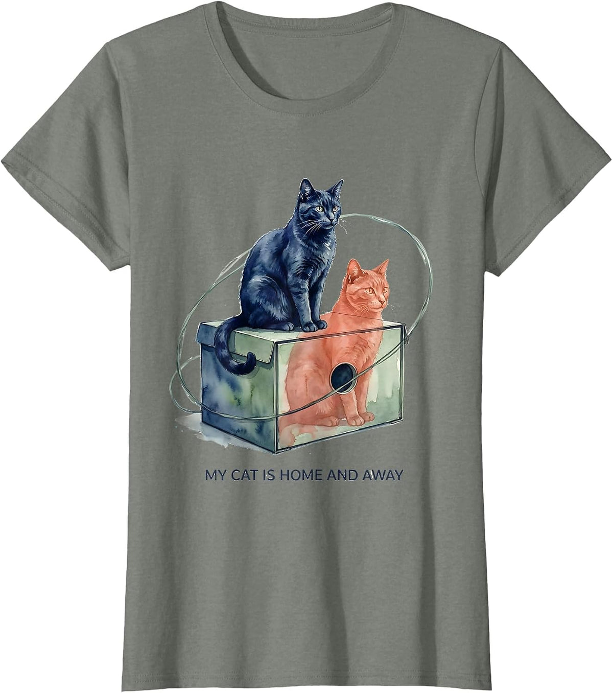 My Cat Is Home And Away Watercolor Quantum Physics Humor T-Shirt - Olive Heather