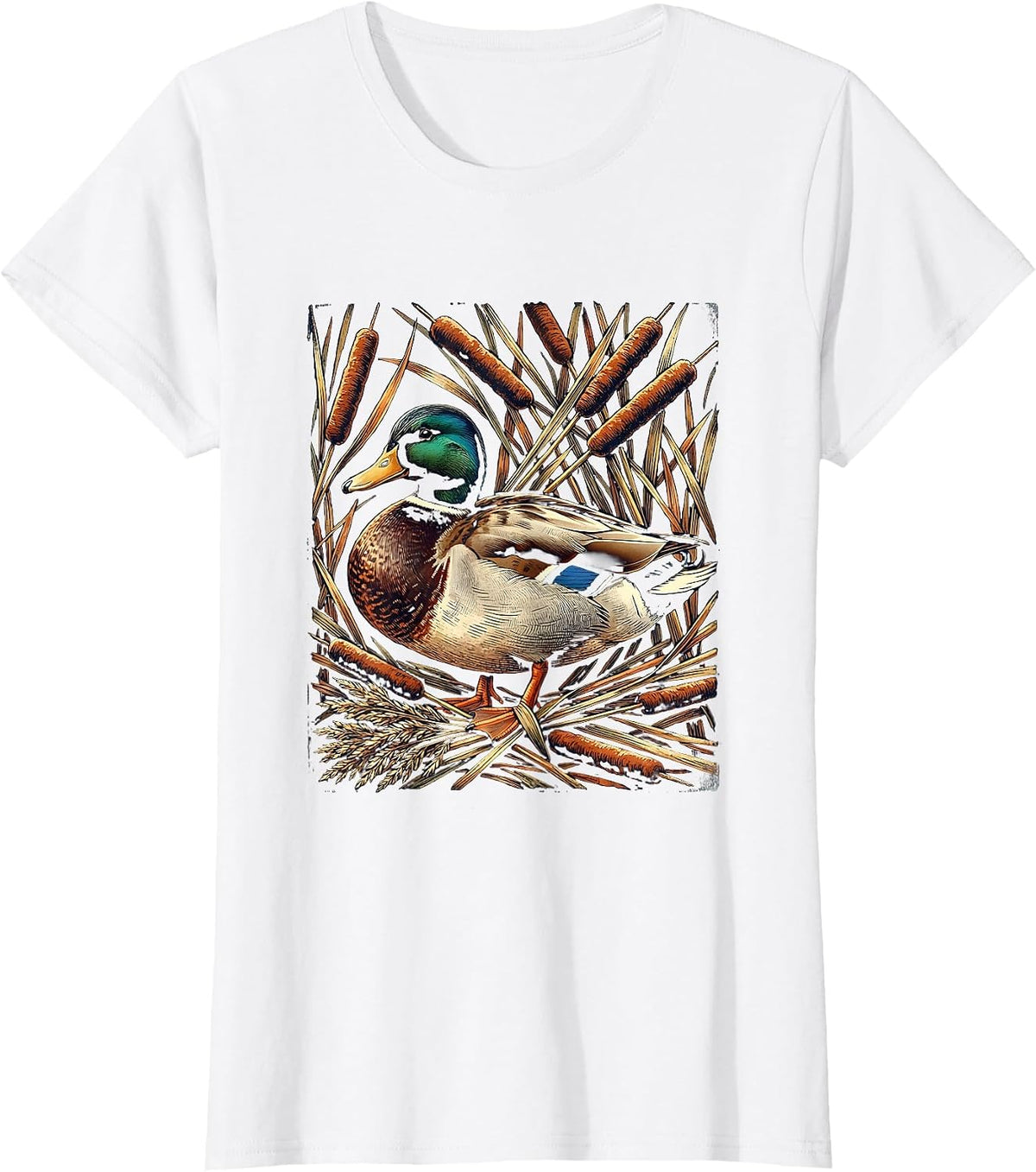 Duck Tangled in Cattails and Reeds Illustration T-Shirt - White