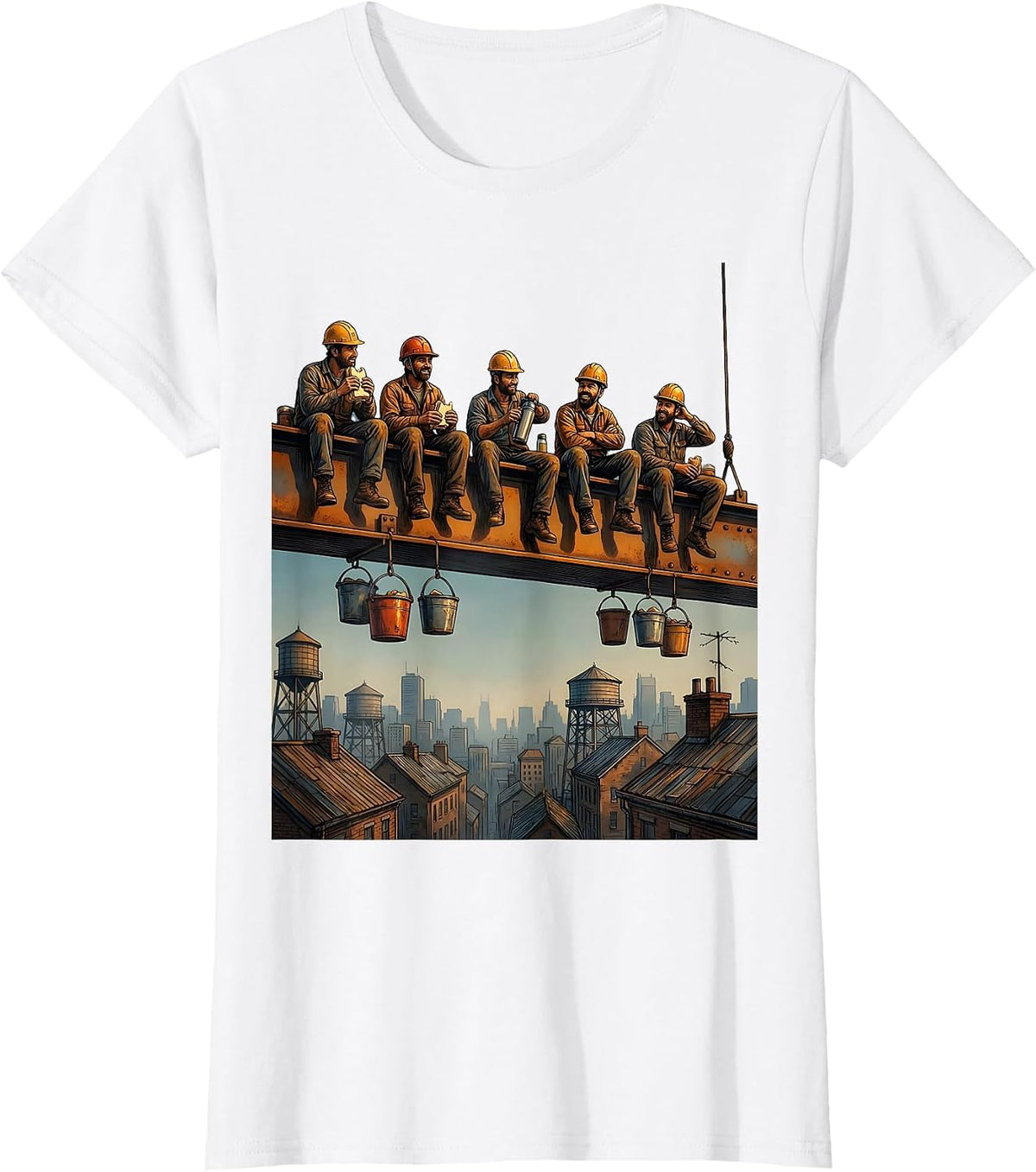 Ironworkers Lunch Break on Steel Beam Graphic T-Shirt - White