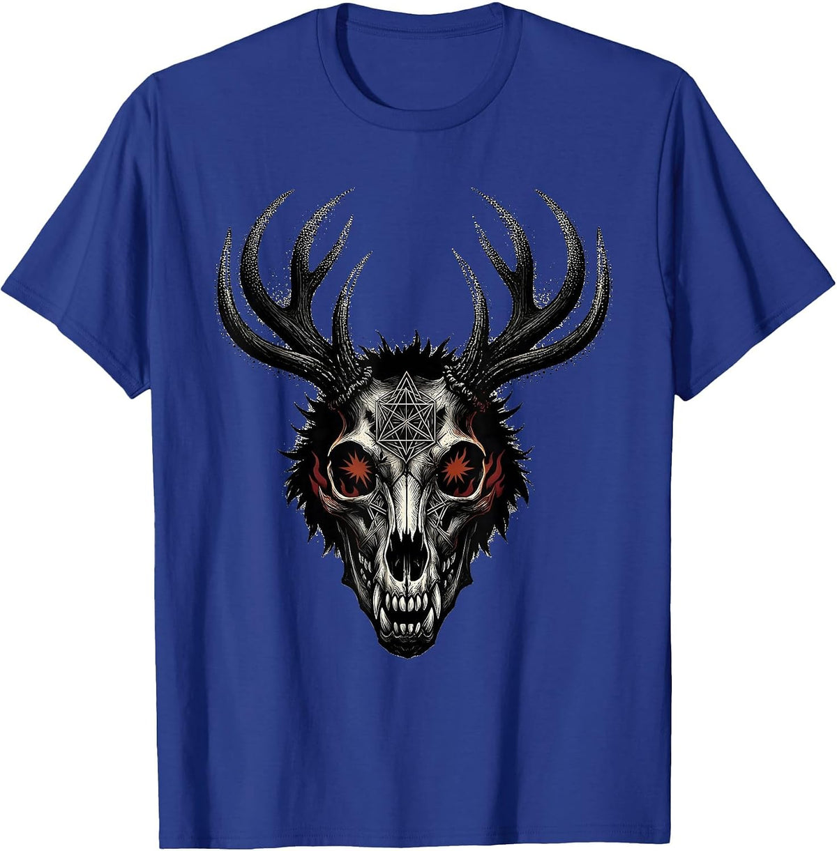 Men's Wolf Skull Antlers Death Metal Burning Eyes Design T-Shirt - Royal Blue