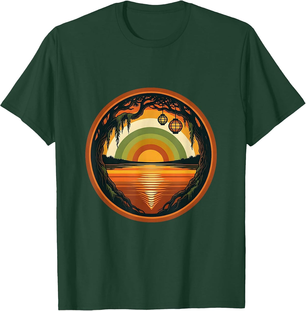 Mardi Gras Bayou Lantern Reflection Scene T-Shirt - Dark Green