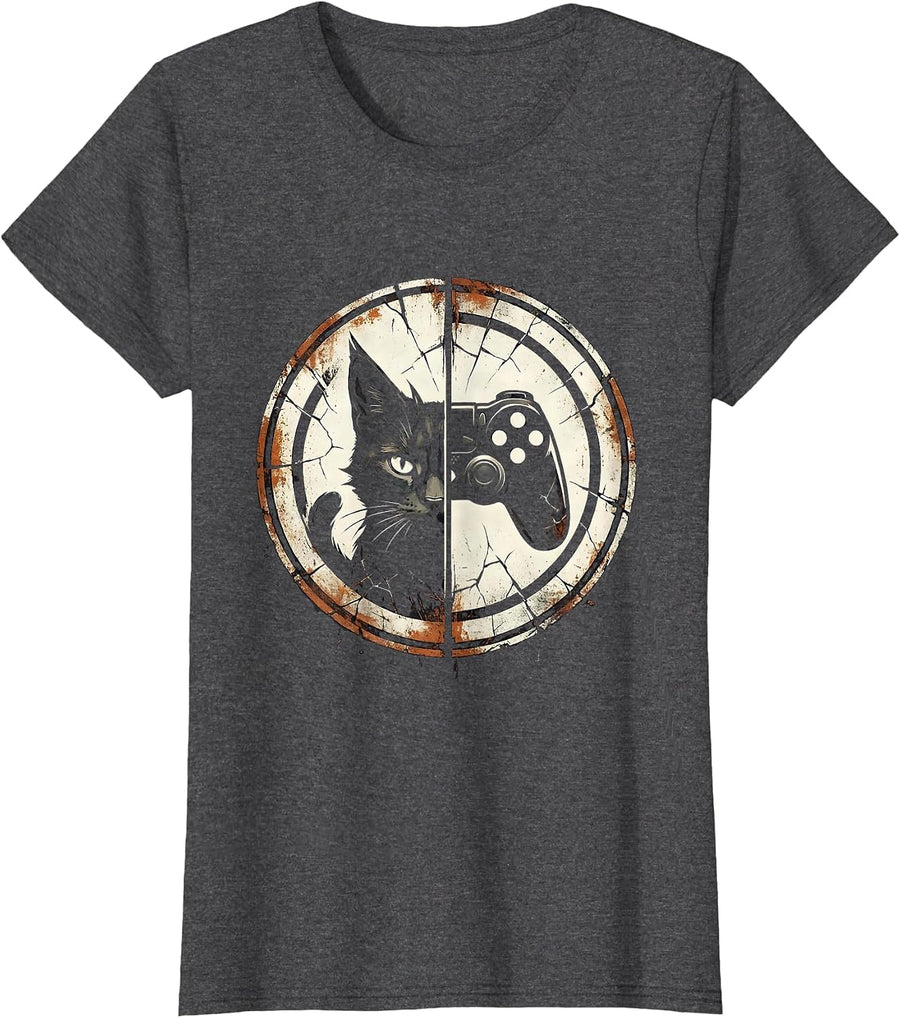 Women's Cat Gamer Badge Distressed Cat Lover Video Game Humor T-Shirt - Dark Heather Grey