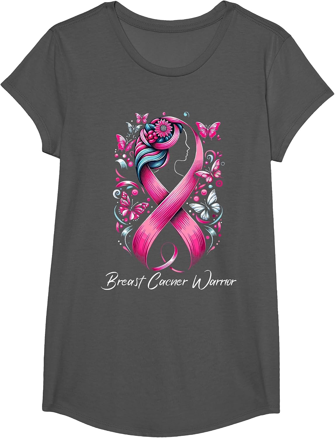 Faith Hope Love Ribbon Breast Cancer Awareness Warrior Pink T-Shirt - Girls Asphalt Grey