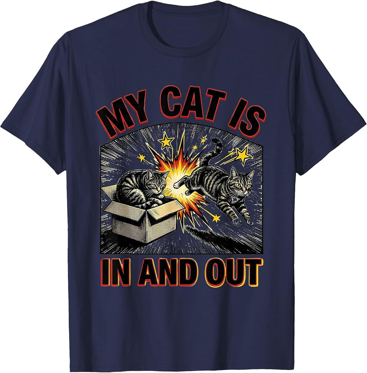 My Cat Is In And Out Comic Book Quantum Physics Humor T-Shirt - Navy Blue