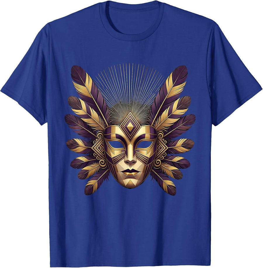 Mardi Gras Ornate Masquerade Mask Feather Plumes T-Shirt - Royal Blue