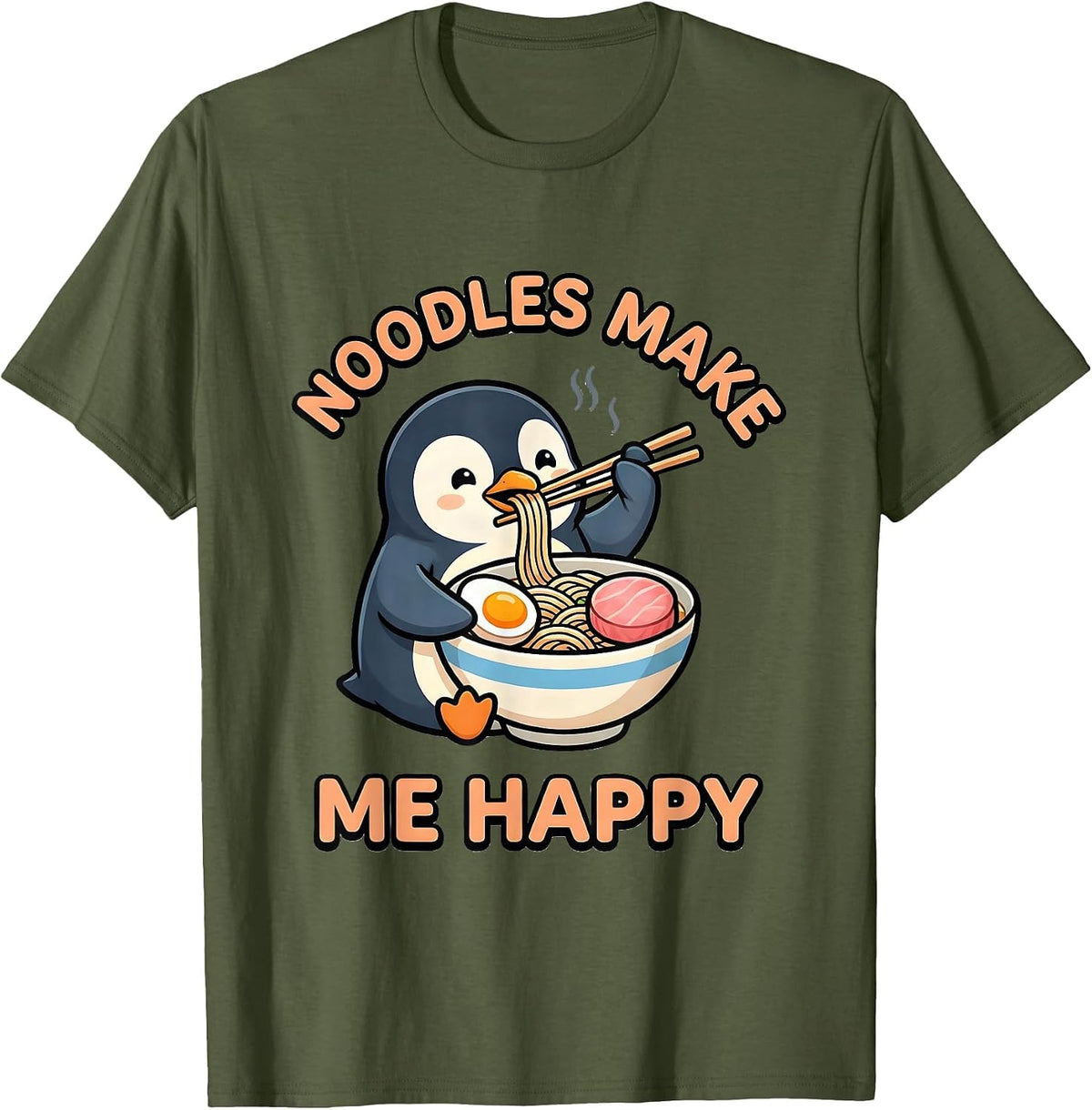 Men's Noodles Make Me Happy Cute Kawaii Penguin Ramen Animal Lover T-Shirt - Olive Green