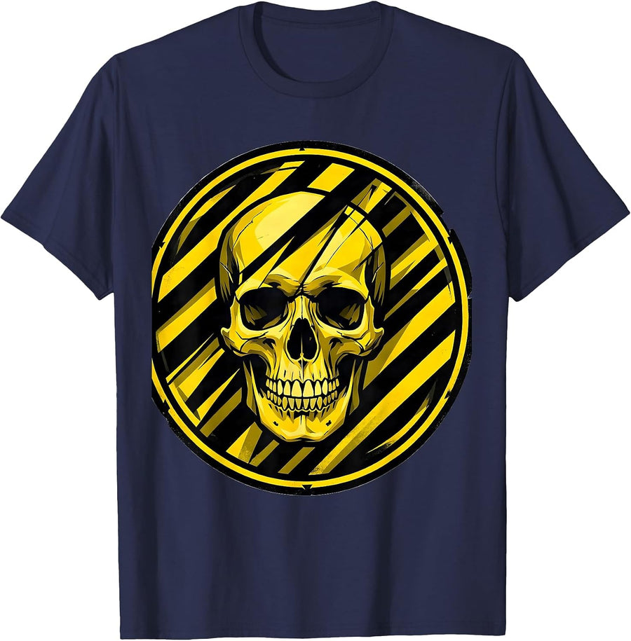 Black and Yellow Skull Caution Tape Graphic T-Shirt - Navy Blue