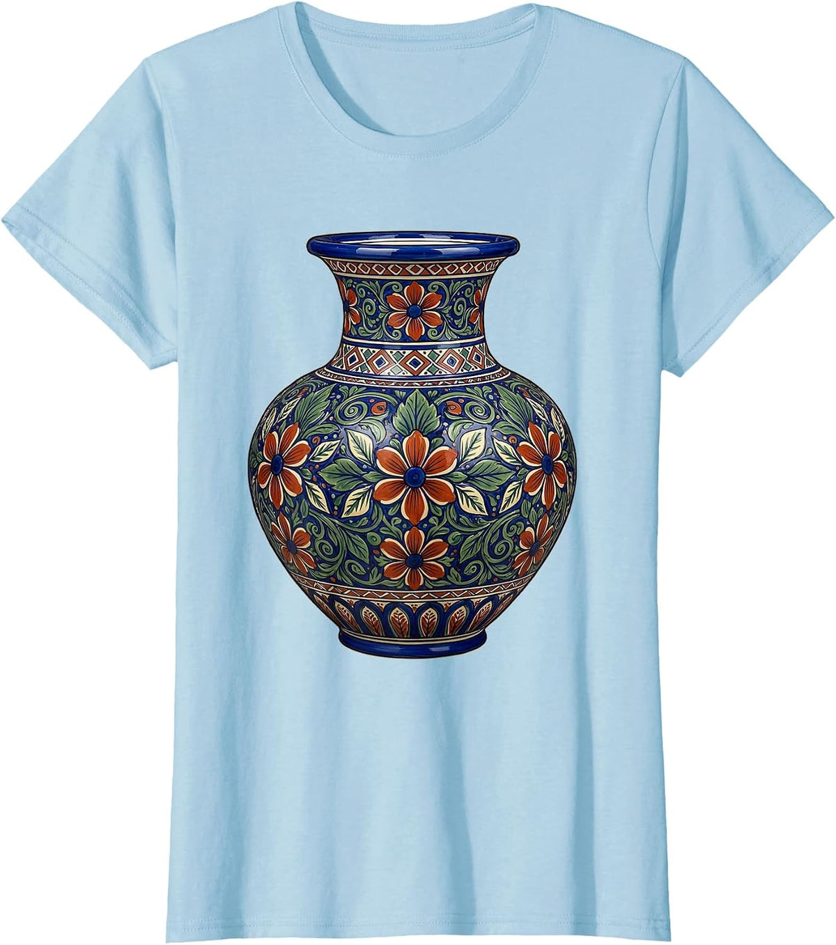 Women's Mexican Talavera Pottery Vase Floral Illustration T-Shirt - Baby Blue