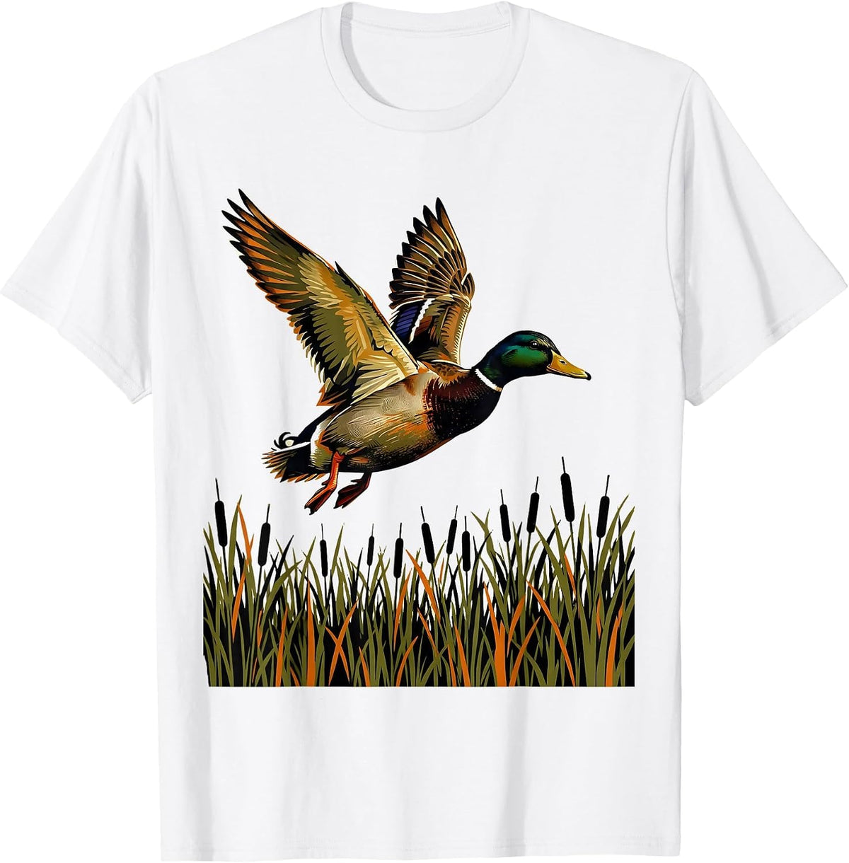 Men's Duck Flying Over Camo Marsh Reeds Illustration T-Shirt - White