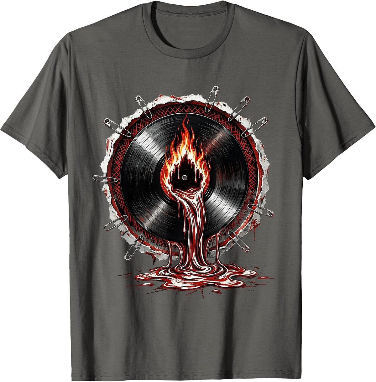 Melting Vinyl Record Rock Music Graphic T-Shirt - Asphalt Grey