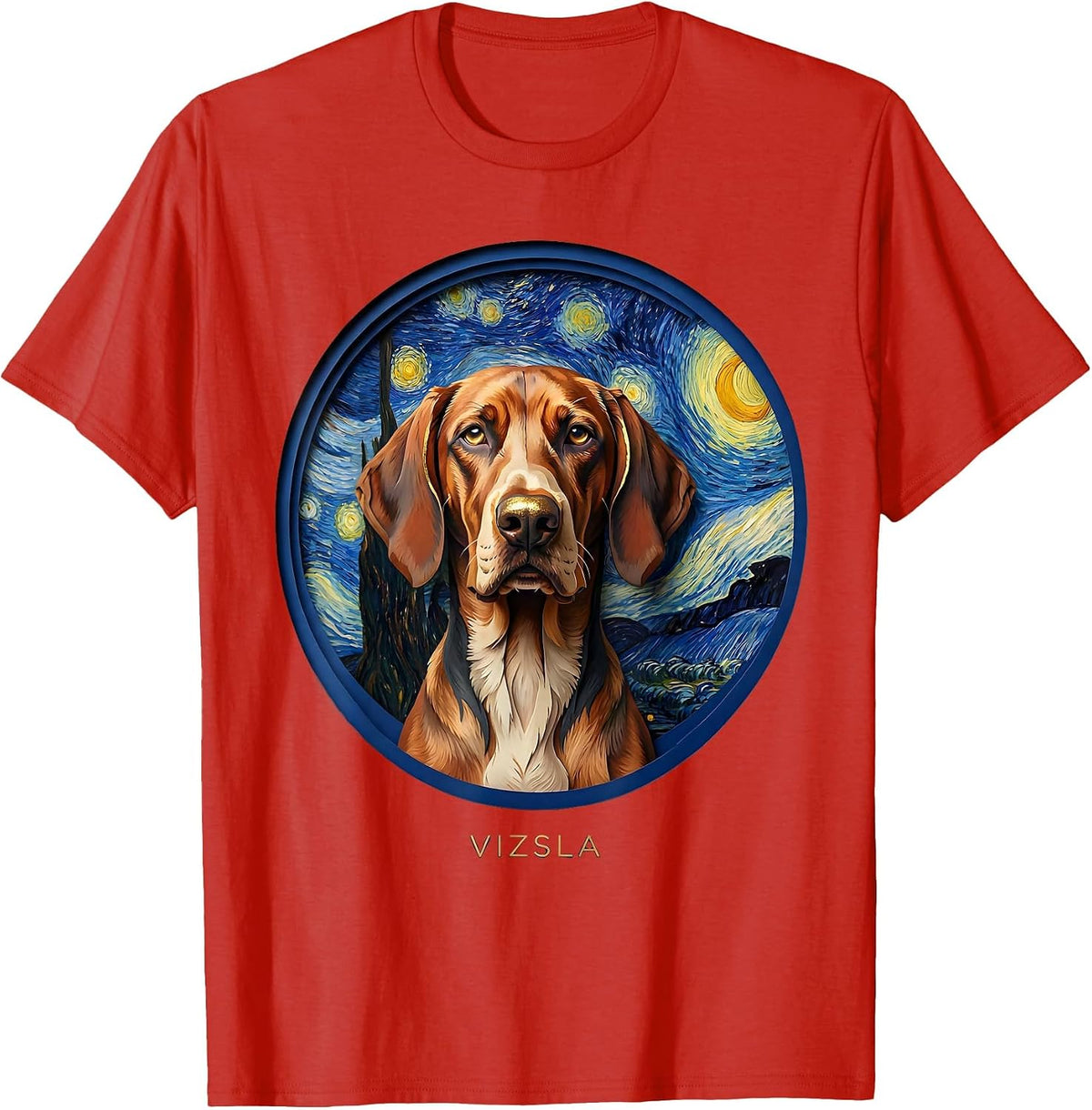 Men's Vizsla Paper Cutout Van Gogh Starry Night Dog Portrait T-Shirt - Red