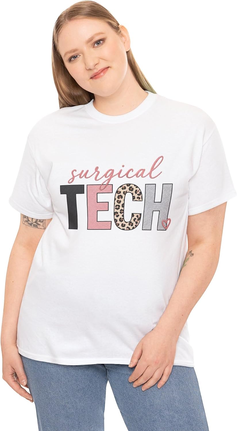 Surgical Tech Shirt for Women Pink Leopard Print Surgical Technologist Graphic Tee - White