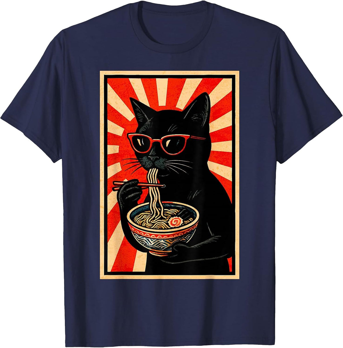 Ramen Cat Japanese Rising Sun Retro Poster Design T-Shirt - Navy Blue