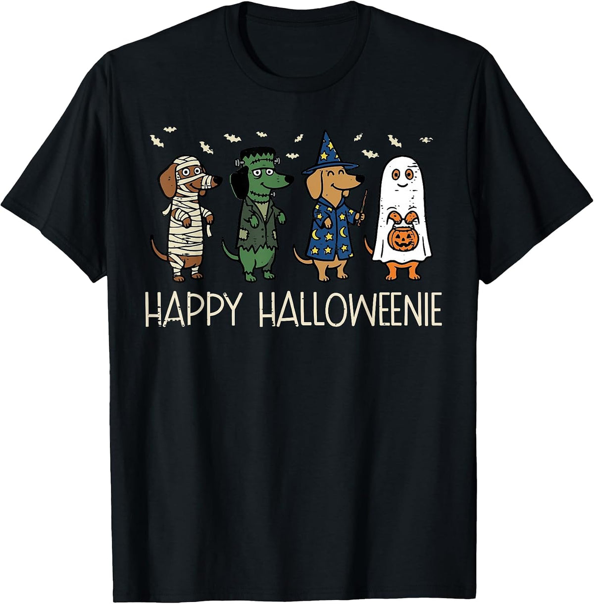 Happy Halloweenie Dogs Dachshunds Wiener Costume Men Women T-Shirt - Black