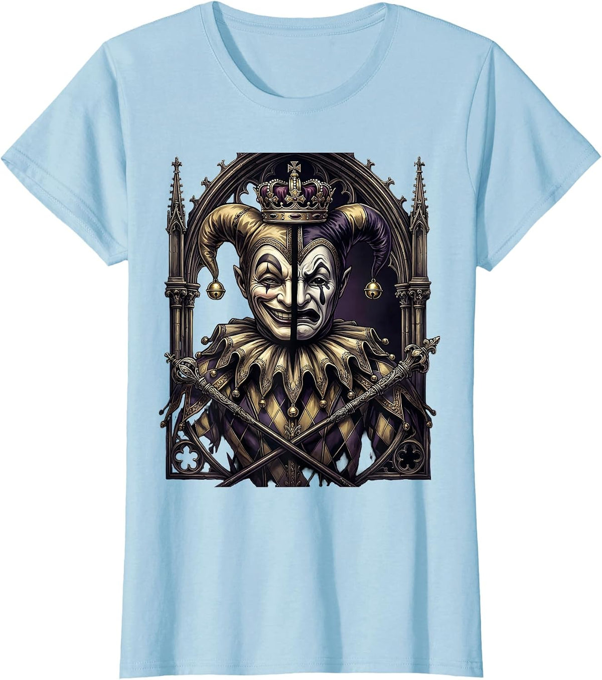 Mardi Gras Two-Headed Royal Jester Design T-Shirt - Baby Blue