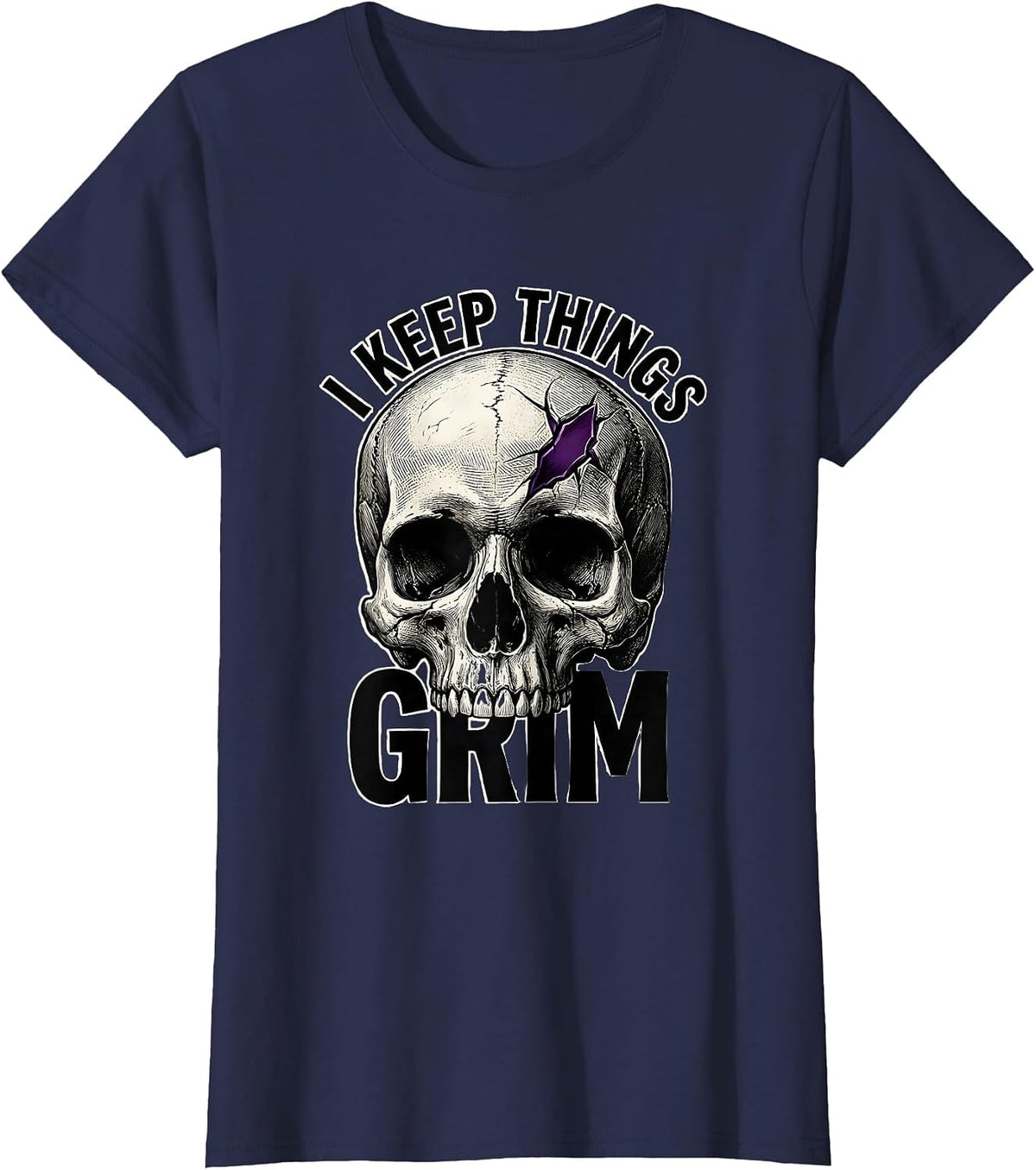 Women's I Keep Things Grim Horror Skull Punk Streetwear Alternative T-Shirt - Navy Blue