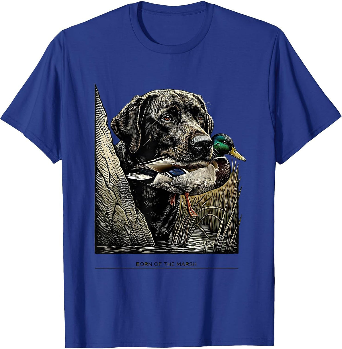 Born Of The Marsh Woodcut Hunting Dog Labrador Duck Youth T-Shirt - Royal Blue