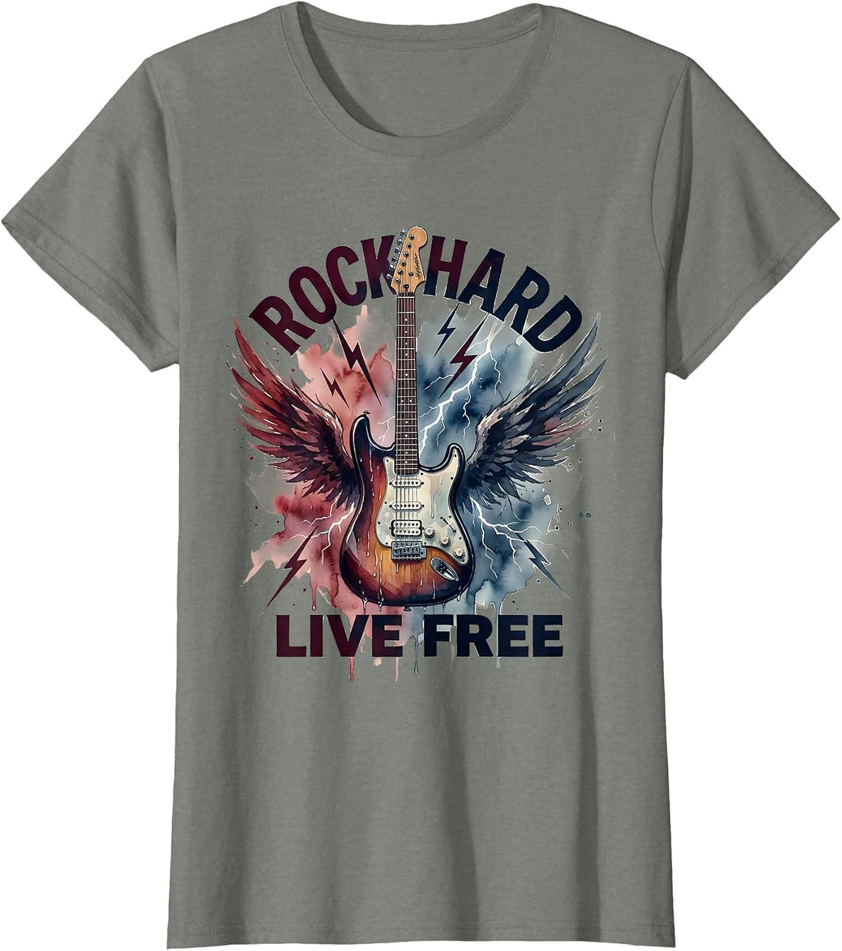 Rock Hard Live Free Bold Rock and Roll Design T-Shirt - Olive Heather