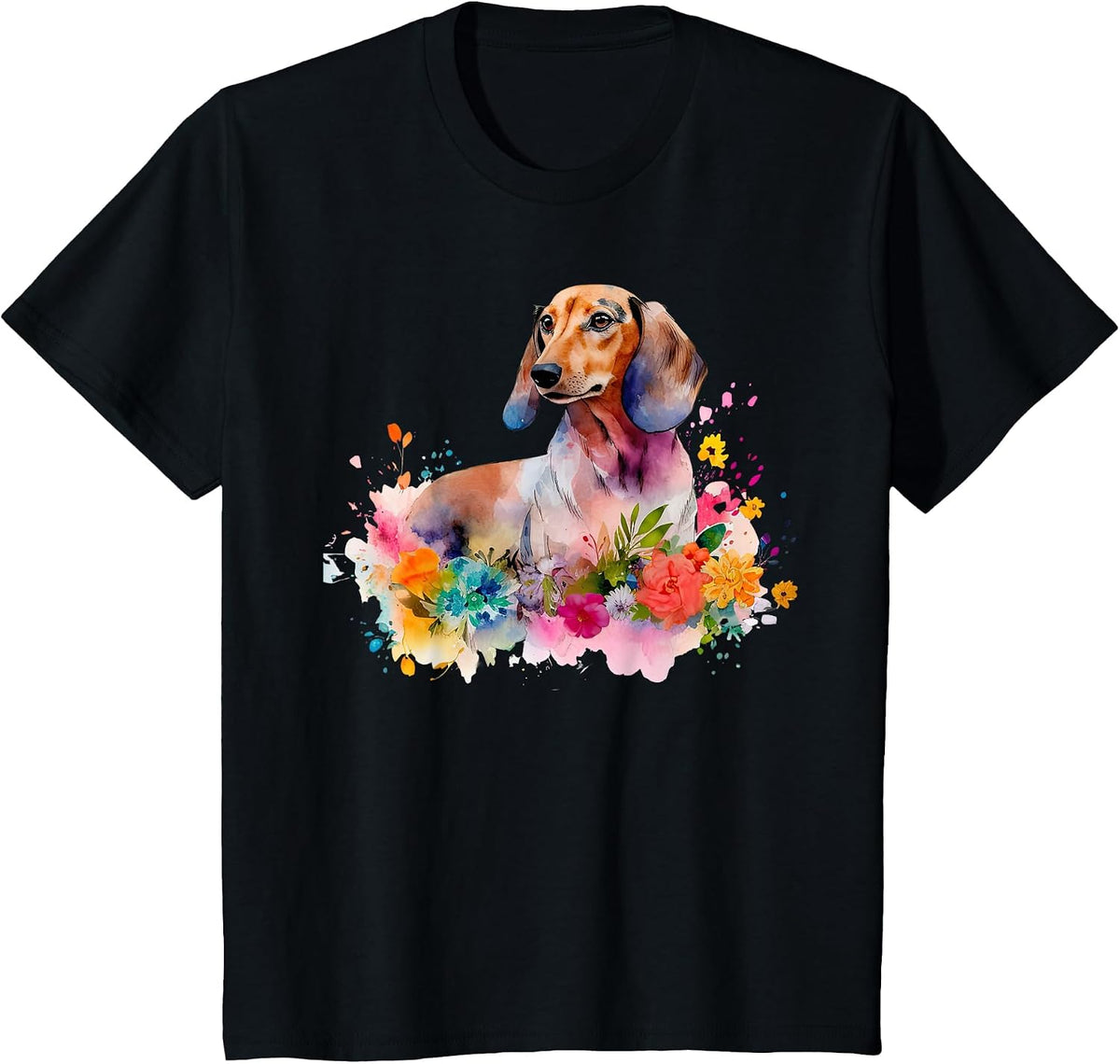 Dachshund Watercolor Art Dog Dog Breed Woman Kids Floral T-Shirt - Black