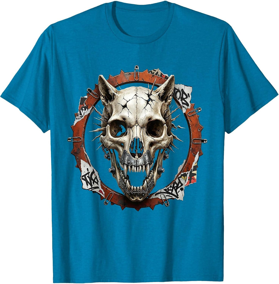 Cyberpunk Wolf Skull Cybernetic Jaw Graphic T-Shirt - Sapphire Blue