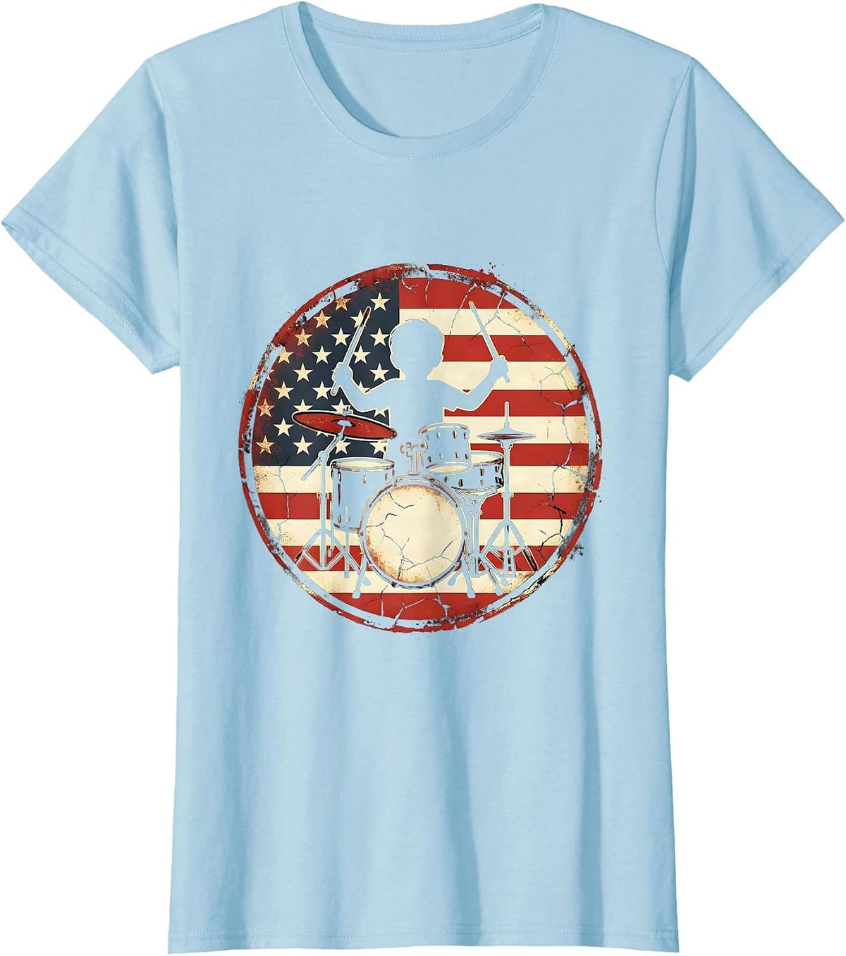 Kids American Flag Boy Drummer Patriotic Graphic T-Shirt - Baby Blue
