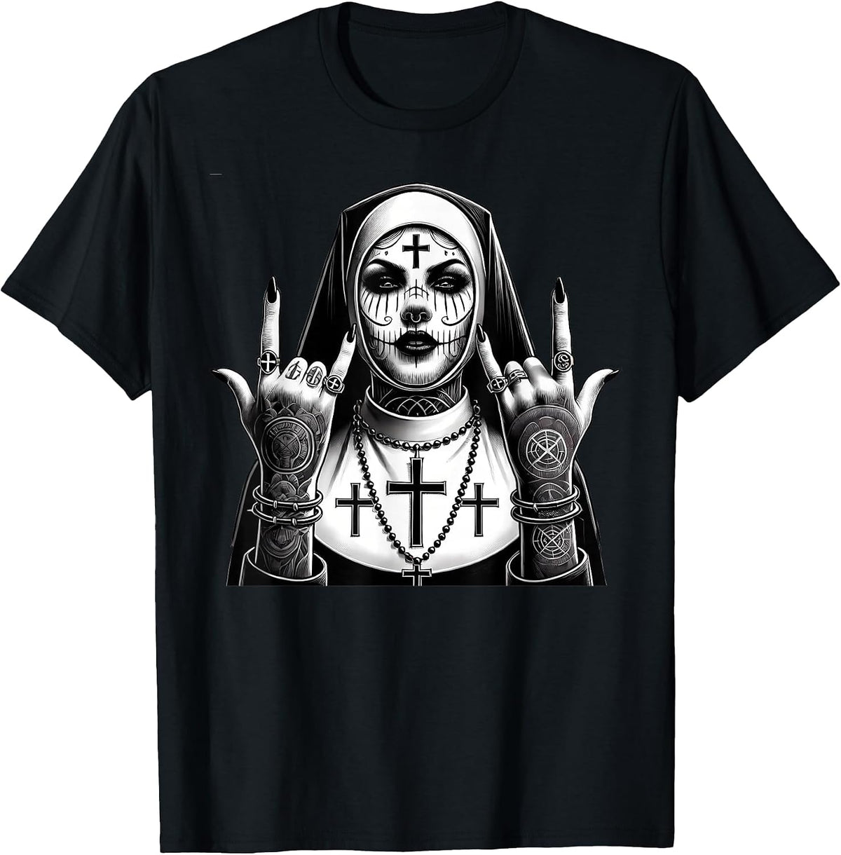 Gothic Aesthetic Occult Unholy Grunge Emo Punk Satanic Nun T-Shirt - Black