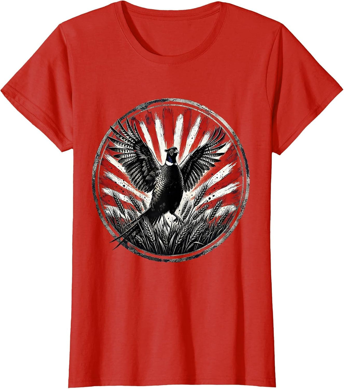 Pheasant Burst Camo Wheat Field Hunting Design T-Shirt - Red