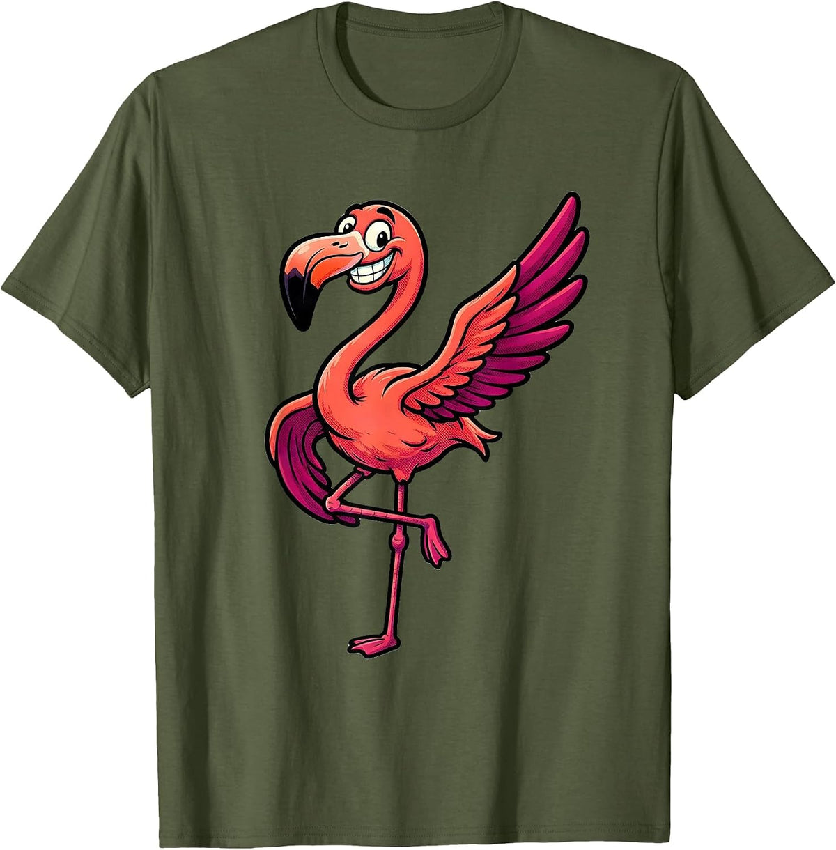 Retro Cartoon Grinning Flamingo Animal Humor T-Shirt - Olive Green