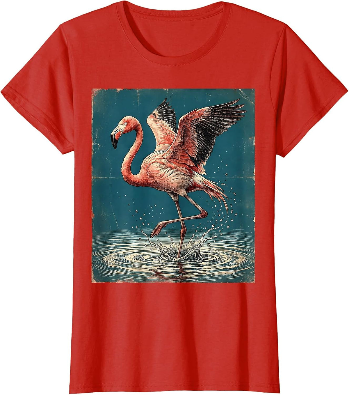 Flamingo Splashing Through Pink Water Art T-Shirt - Red