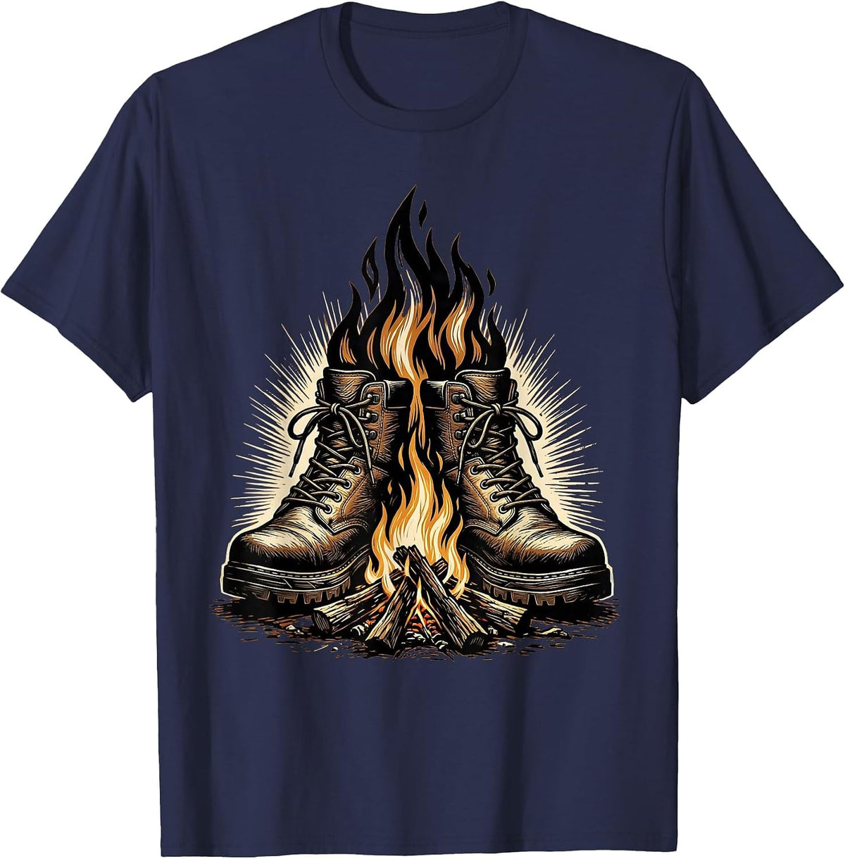 Hunting Boots Campfire Graphic Outdoors Design T-Shirt - Navy Blue