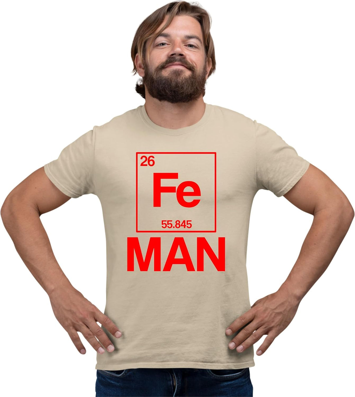Go All Out Adult Iron Periodic Table Man Funny Chemistry Science T-Shirt - Sand