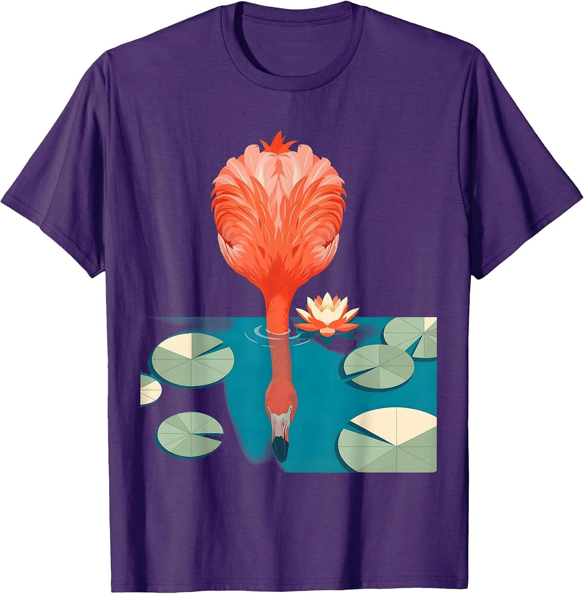 Flamingo Head in Lily Pond Graphic Design T-Shirt - Purple