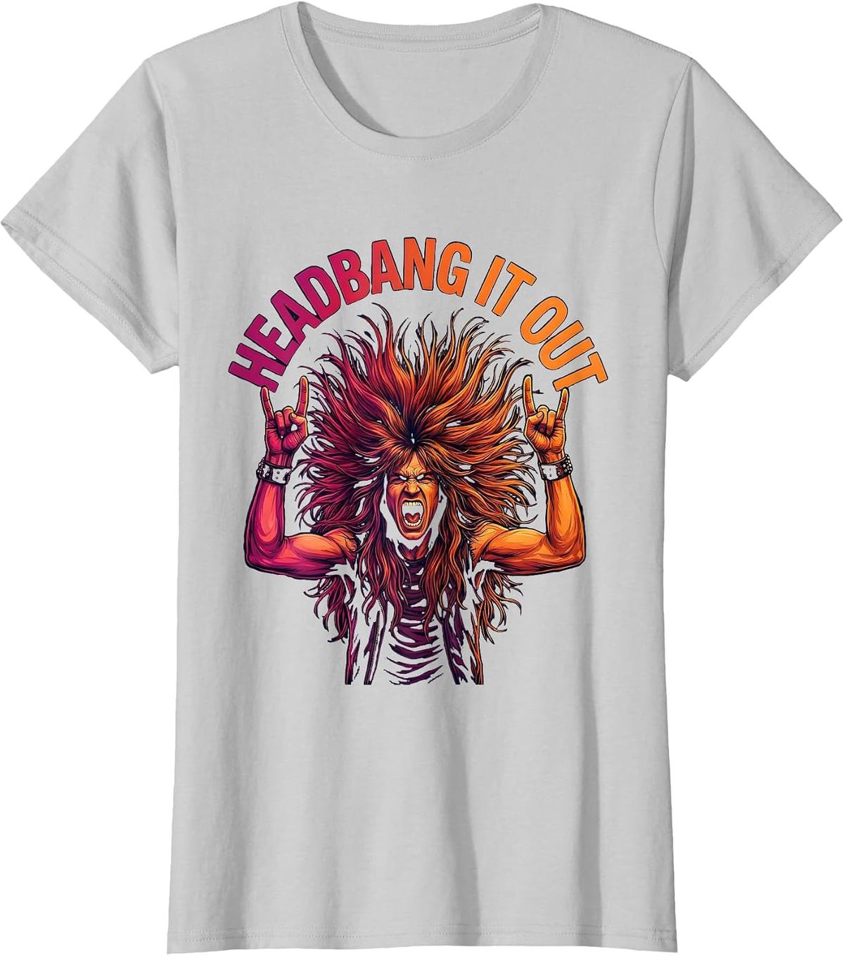 Headbang It Out Rock and Roll Graphic Design T-Shirt - Silver Grey