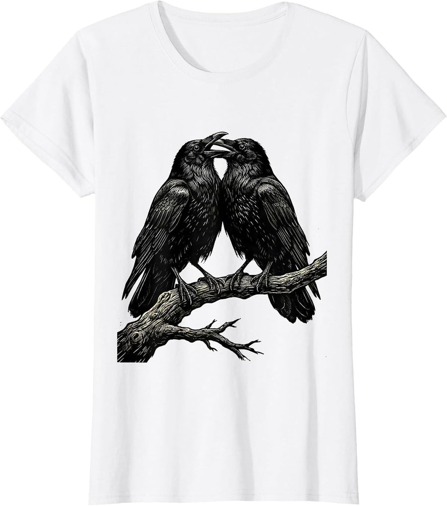 Women's Two Crows Facing Off on a Branch Illustration T-Shirt - White