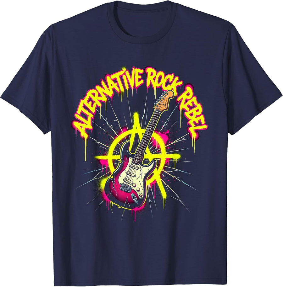90s Alternative Rock Rebel Graphic Design T-Shirt - Navy Blue