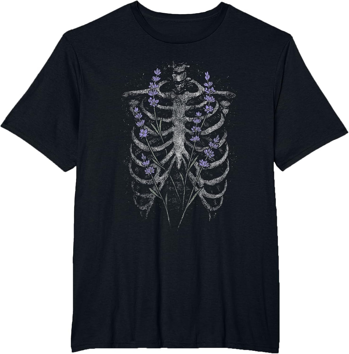 Lavender Skeleton Ribcage Flowers Goth Floral Death Dark Alt T-Shirt - Black