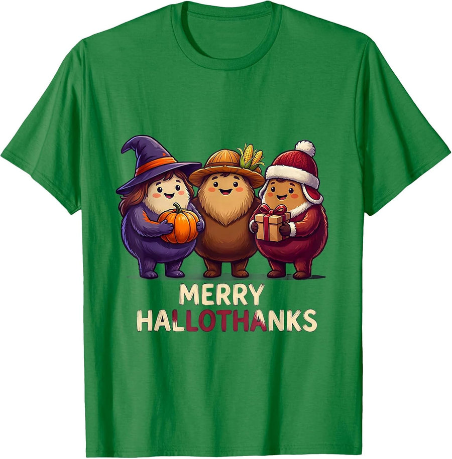 Men's Merry HalloThanks Sign Painter Showcard Humor Tri Holiday T-Shirt - Kelly Green