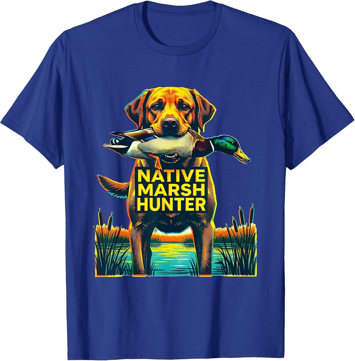 Native Marsh Hunter Risograph Labrador Retriever Duck T-Shirt - Royal Blue