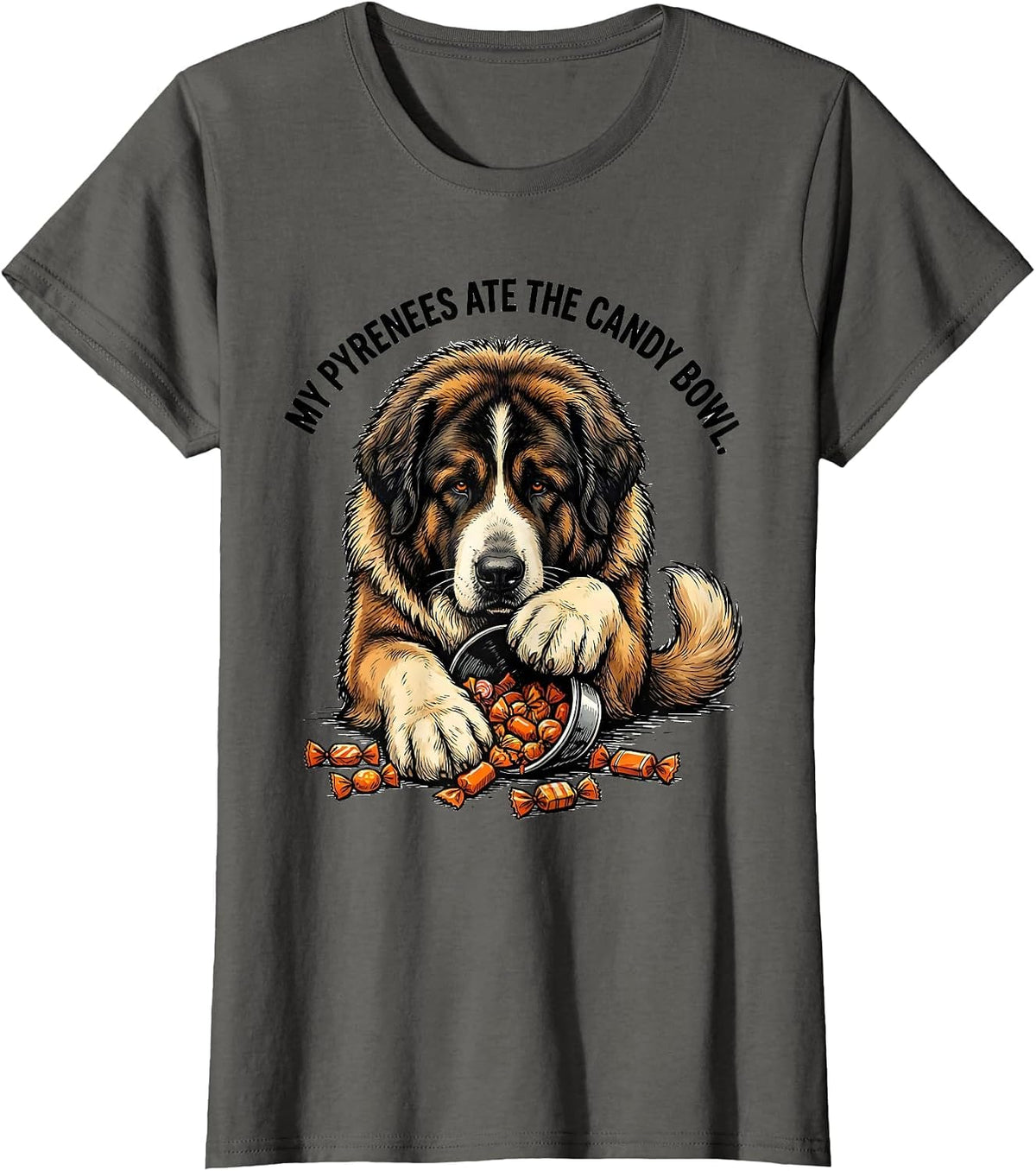 Women's My Pyrenees Ate The Candy Bowl Funny Halloween Dog Lover T-Shirt - Asphalt Grey