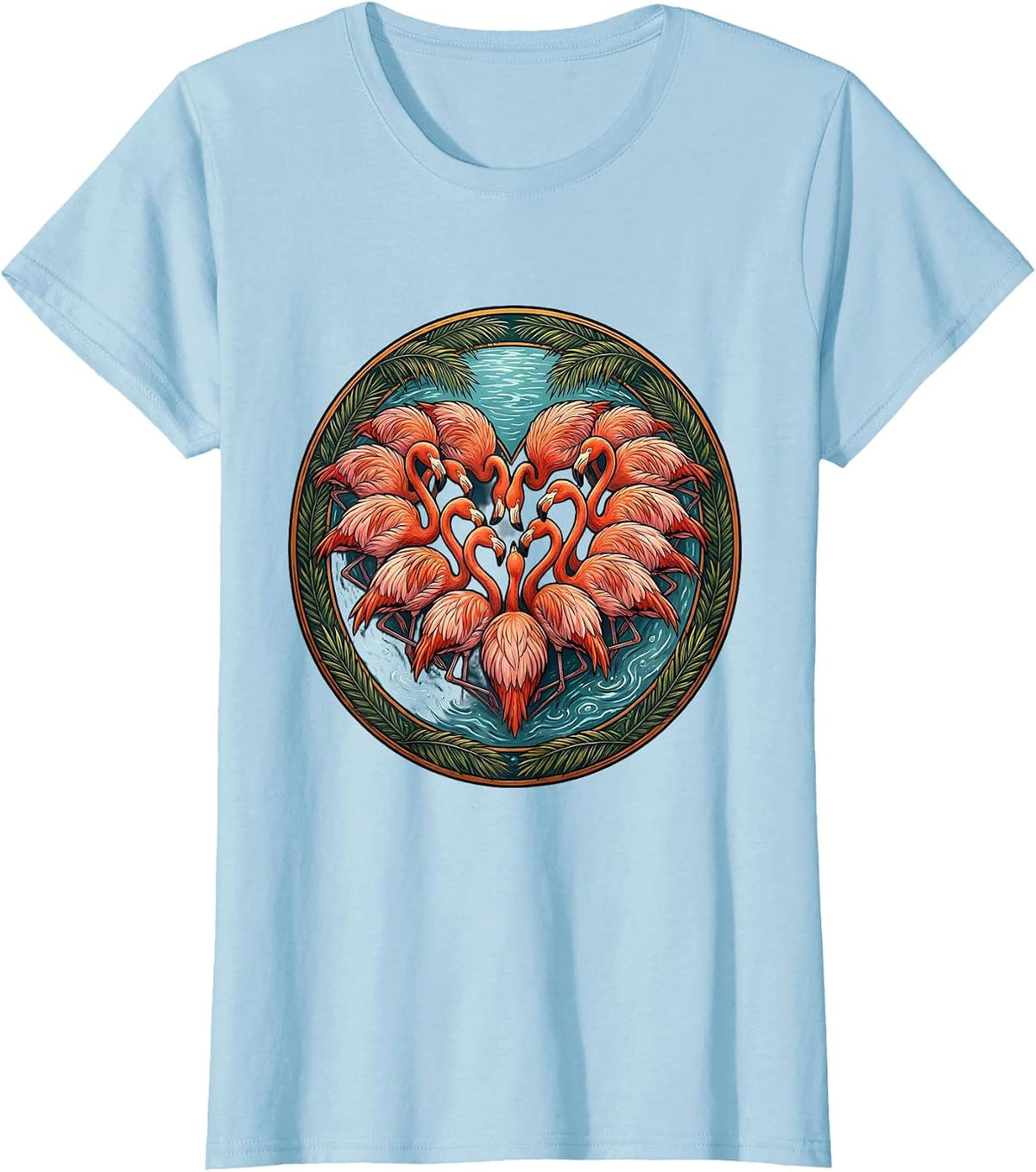 Women's Flamingo Flock Heart Shape Love Nature Art T-Shirt - Baby Blue