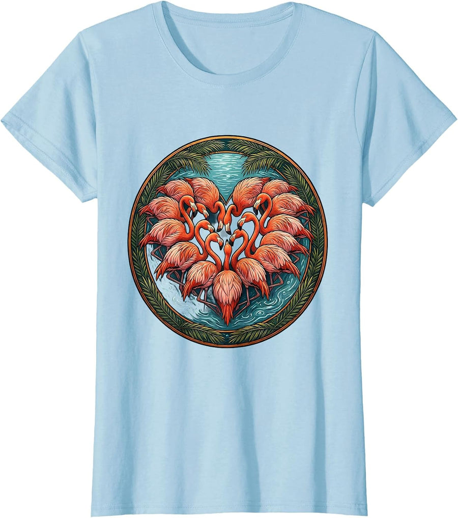 Women's Flamingo Flock Heart Shape Love Nature Art T-Shirt - Baby Blue