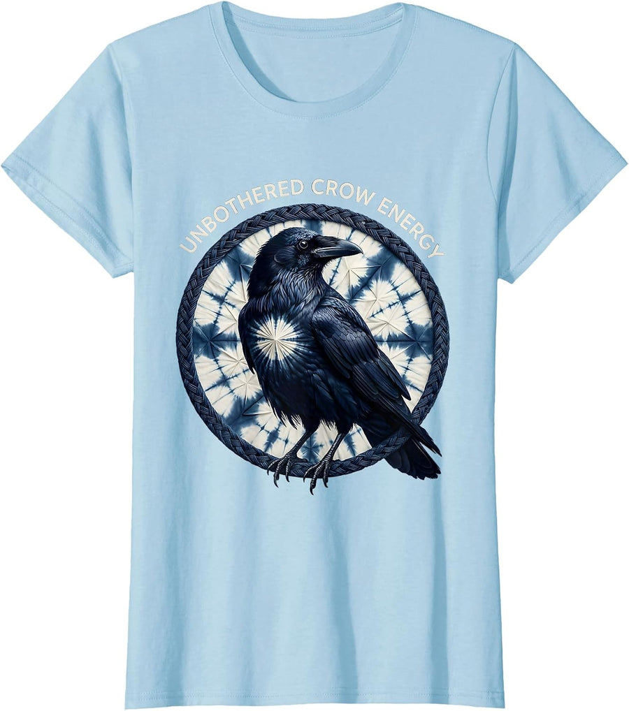 Women's Unbothered Crow Energy Witchy Bird Design T-Shirt - Baby Blue