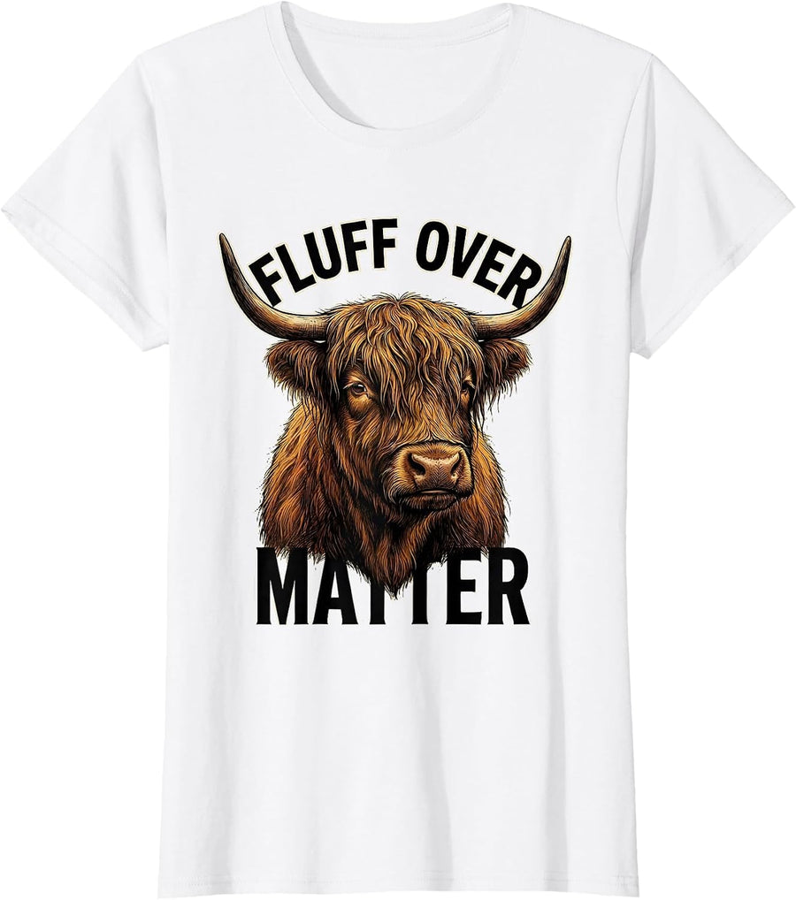 Women's Fluff Over Matter Funny Highland Cow Illustration T-Shirt - White
