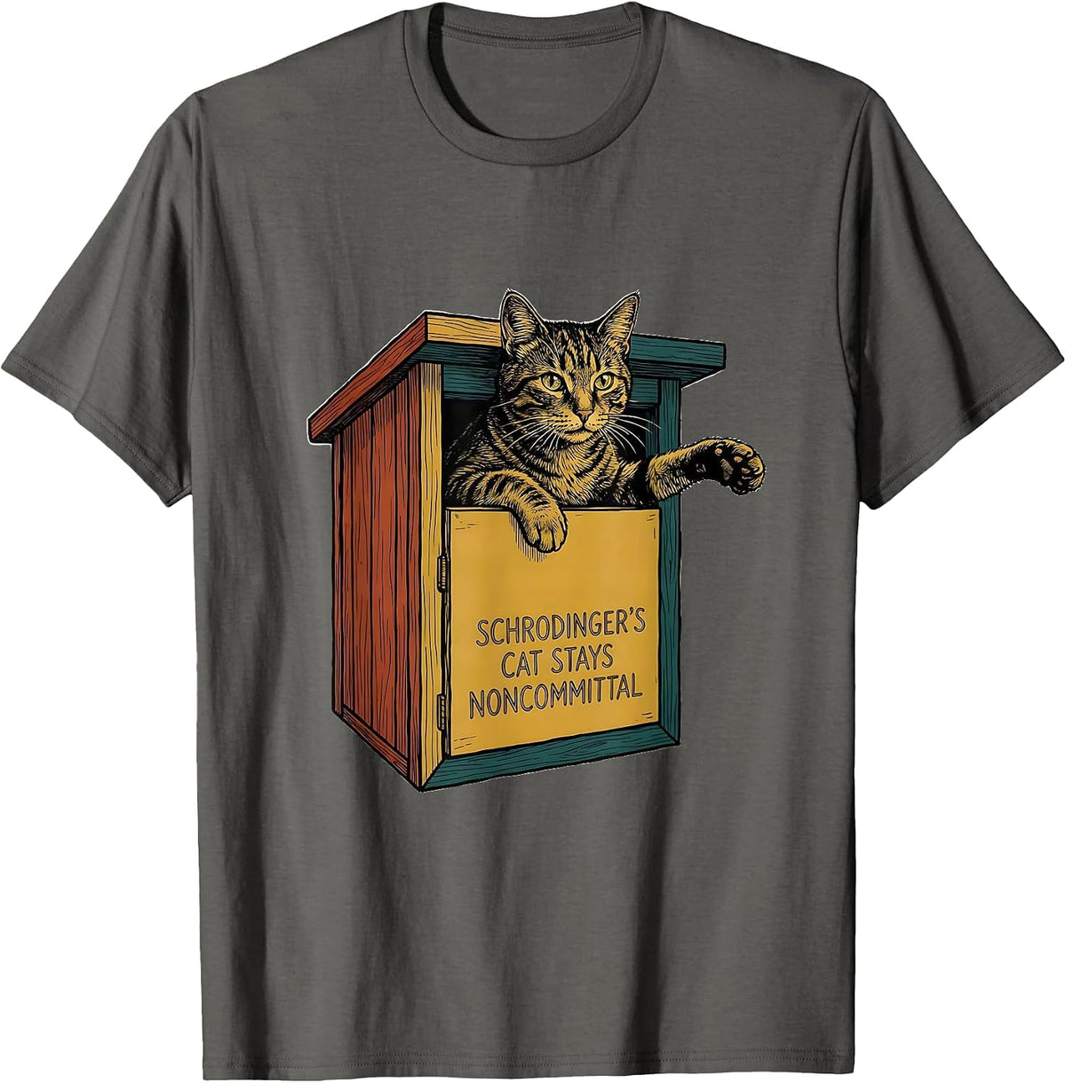 Schrodinger's Cat Stays Noncommittal Funny Quantum Physics T-Shirt - Asphalt Grey