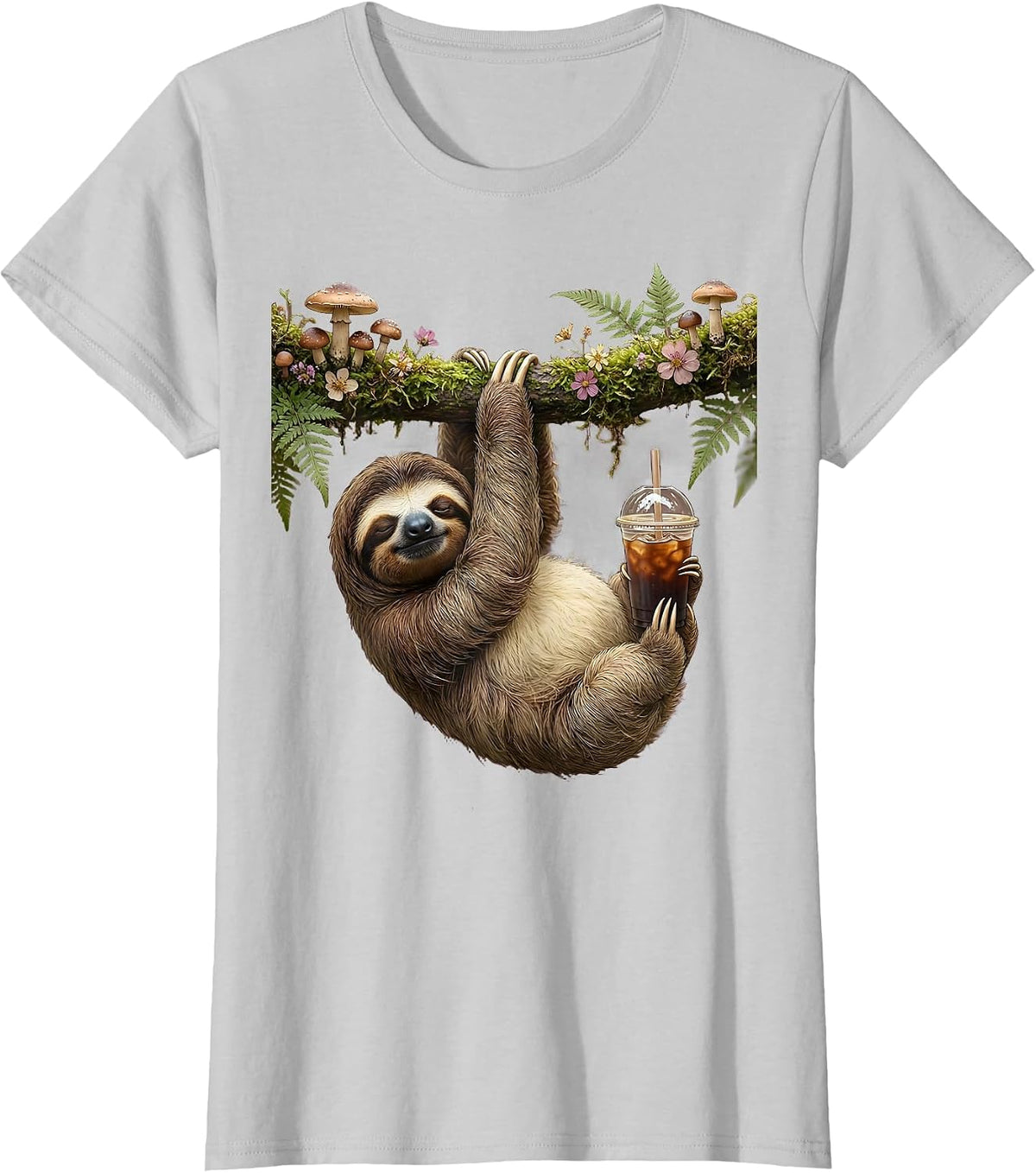 Women's Sloth Iced Coffee Lover Funny Lazy Day Gift T-Shirt - Silver Grey