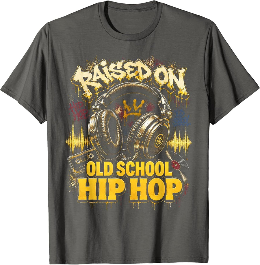 Raised On Old School Hip Hop Cassette Graffiti Rap T-Shirt, Men, Asphalt Grey, Large - As Pictured