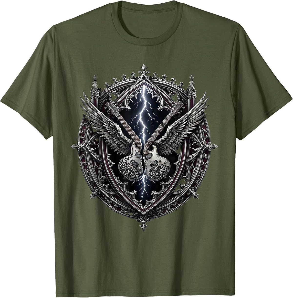 Lightning Bolt Flying V Guitar Rock Graphic T-Shirt - Olive Green