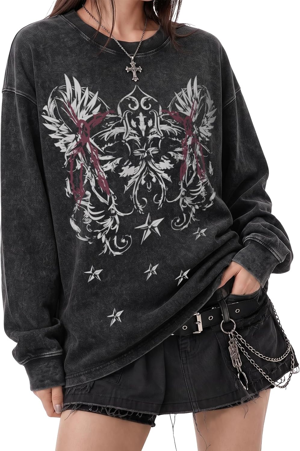 Y2K Gothic Graphic Shirts for Women Emo Grunge Long Sleeve Tees - Black