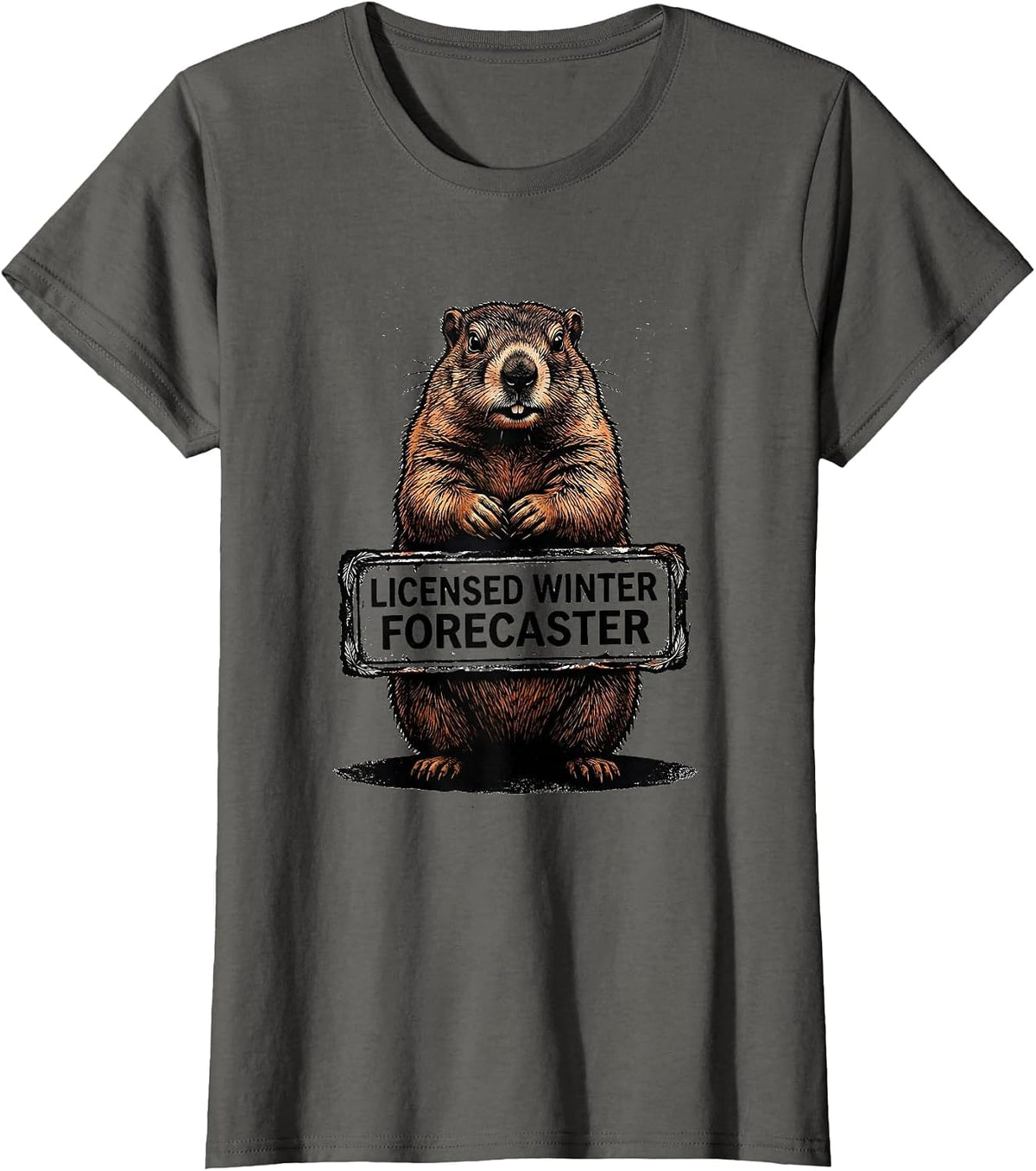 Women's Licensed Winter Forecaster Funny Woodchuck Groundhog Day T-Shirt - Asphalt Grey